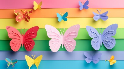 Wall Mural - horizontal banner, zero discrimination day, multicolored paper butterflies, rainbow coloring, paper 