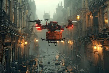 Wall Mural - AI-powered drone delivering a package in an urban setting