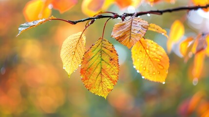 Poster - Vibrant Autumn Leaves with Dew Drops on a Branch in Natural Forest Setting