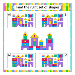 Wall Mural - Puzzle for kids. Attention task. Find the correct set of cartoon castle. Answer is D.