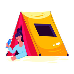 Sticker - A flat style illustration of adventure girl in a tent 