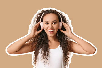 Poster - Happy young African-American woman in headphones on beige background