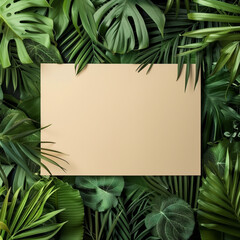 Wall Mural - Frame of indoor plant leaves, clay board for copy in middle, flat color background