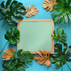 Wall Mural - Frame of indoor plant leaves, clay board for copy in middle, flat color background