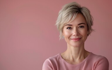 Wall Mural - A cheerful middle-aged woman with short hair smiles warmly while wearing a stylish pink sweater in front of a soft pink backdrop