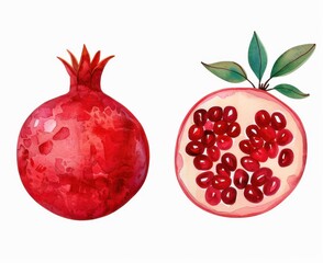 Poster - A vibrant watercolor illustration of pomegranates, showcasing their rich color and juicy seeds against a clean white backdrop.