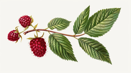 Wall Mural - Vibrant raspberry on clean backdrop, showcasing its rich color and texture in a vintage botanical illustration style.