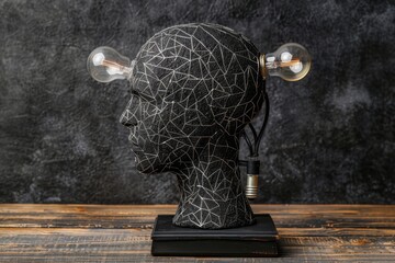 Poster - Abstract Sculpture of a Brain with Light Bulbs as Ears Artistic Concept Representing Ideas Creativity and Innovation Black Background