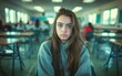 © imagineRbc - A worried teenage girl sits alone in an empty high school classroom, lost in thought amidst the bustling background of her peers