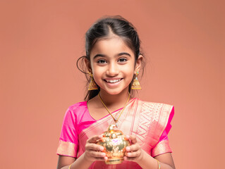 Poster - Cheerful Indian girl wearing traditional dress, holding a money bank