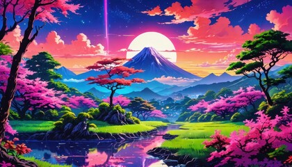 Wall Mural - Magical Sunset Landscape with Mountain and Pink Trees.