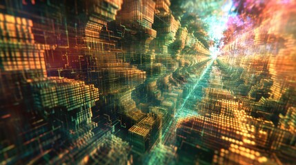 Intergalactic cityscape geometric patterns holographic effects space technology civilization development floating buildings made from digital code glowing energy