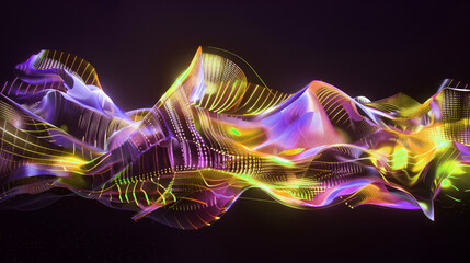 Wall Mural - Abstract 3D holographic element with a glitch art style and neon accents on a black background