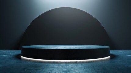 Canvas Print - A dark blue, circular stage with a light shining on it