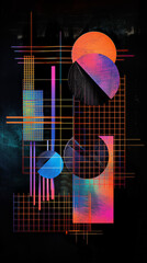 Poster - Abstract 3D holographic element with a grid pattern and geometric shapes on a black background