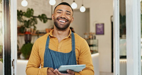 Poster - Small business, man and cafe portrait with tablet, happy employee and online inventory or website order. Hospitality, coffee shop and doorway for customer service, waiter and restaurant with internet