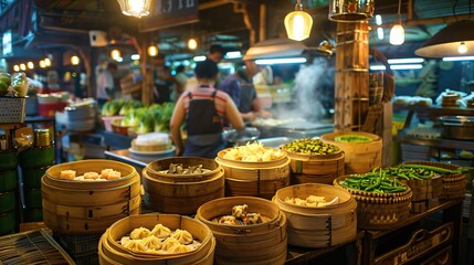 A bustling food market stall selling various bamboo-based food items, bamboo steamers with dim sum, and bamboo baskets filled with produce