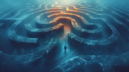 A man in a business suit is standing in a maze. Business concept of finding a solution, difficult task, choice of direction