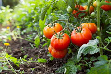 ripe tomatoes hanging from a vine in a garden