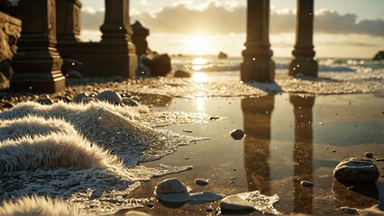 Sticker - Sunlit Beach with Fur and Stones.