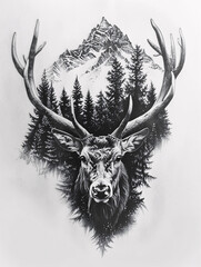 Wall Mural - Detailed pencil drawing of a deer head with antlers emerging from a dense forest of conifer trees with a mountainous backdrop, featuring intricate wildlife and nature elements in a black and white tat