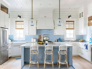 Wall Mural - A coastal-themed kitchen with white cabinets, blue accents, and a beachy atmosphere throughout the room.