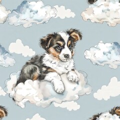 Wall Mural - A cute border collie puppy with black, brown, and white fur sitting in the snow