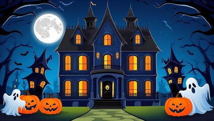 Wall Mural - Halloween house and full moon at spooky night. Haunted castle or mansion on creepy dark blue design for invitation banner. Horizontal illustration of nightmare and ghost monster and white moonlight