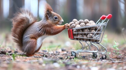 Red squirrel near the small shopping cart with nuts