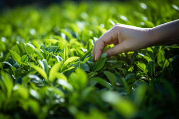 a hand touching a leafy green plant