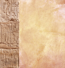 Wall Mural - Vertical background with ancient Egyptian hieroglyphs on stone wall, Egypt, Africa. Backdrop with sandstone carving with hieroglyph. Mock up template. Copy space for text