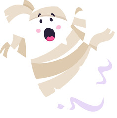 Canvas Print - Funny cartoon Halloween kawaii ghost character donning a charming mummy costume wrapped in bandage, exuding a delightful mix of spookiness and cuteness. Adorable, cute vector baby spirit personage