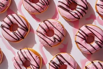 Wall Mural - Title: donuts with pink icing and chocolate drizzle arranged on white surface