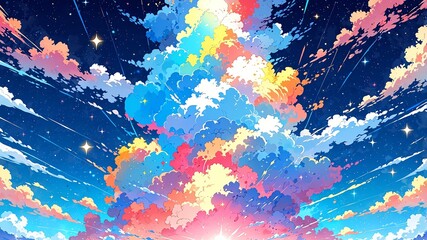 Wall Mural - colorful theme clouds with dreamy cute sparkles and glitters stars abstract background anime cartoon illustration backdrop copy space