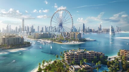 an aerial view of bluewaters island and the ain dubai ferris wheel in dubai, united arab emirates. i