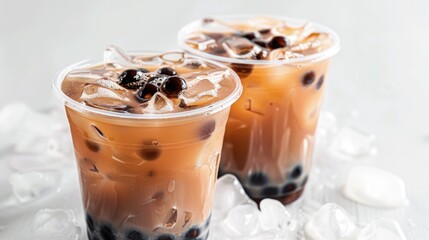 Wall Mural - iced milk tea and bubble boba in the plastic glass on the white background with copy space