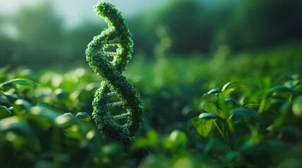 Wall Mural - Depiction of a DNA helix associated with GMO food, emphasizing the role of biotechnology and agricultural engineering in modern advancements.