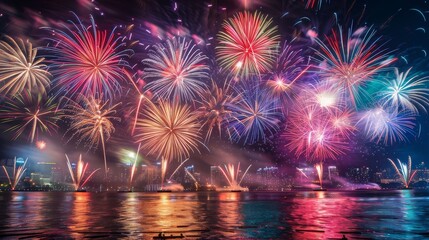 Wall Mural - A dazzling array of colorful fireworks lights up the night sky above a bustling city, creating a festive atmosphere for all spectators