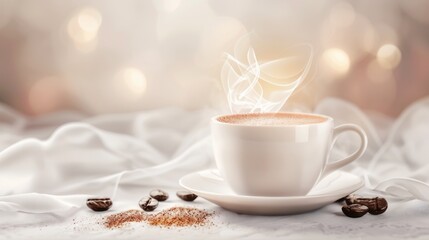 Wall Mural - Steaming hot coffee in a white cup