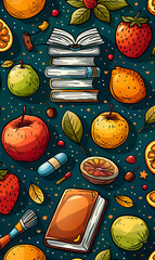 Wall Mural - A colorful book and fruit patterned background. The book is open and has a blue pill on top of it