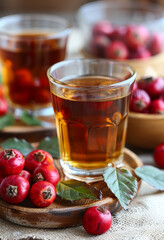 Canvas Print - A glass of tea is on a wooden tray with a bunch of red berries. The berries are scattered around the glass and the tray, creating a cozy and inviting atmosphere