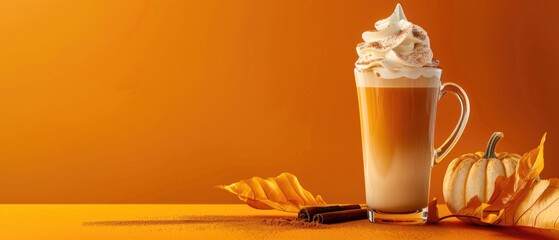 A tall glass with an orange pumpkin spice latte coffee drink with whipped cream topping or milk and cinnamon sprinkles on seamless orange background, autumnal decoration