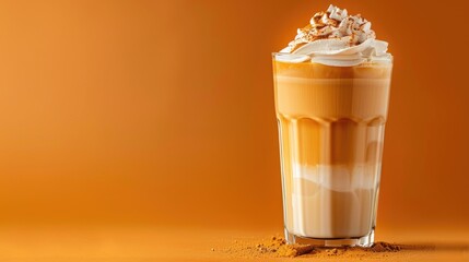 Wall Mural - A tall glass with an orange pumpkin spice latte coffee drink with whipped cream topping or milk and cinnamon sprinkles on seamless orange background, autumnal decoration