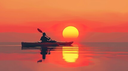 A minimalistic depiction of a sunset kayaking excursion AI generated illustration. copy space for text.