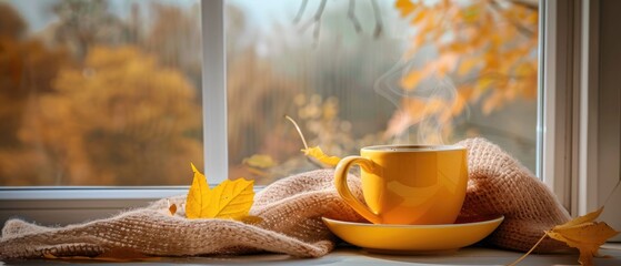 Wall Mural - Yellow cup with fragrant coffee by the window on an autumn day