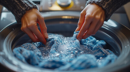 Close-up of female hands kneading blue woolen clothes in washing machine