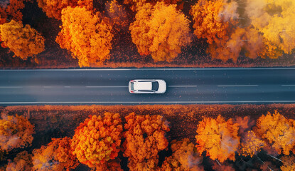 Sticker - Aerial view of a white car driving on a highway road in an autumn forest