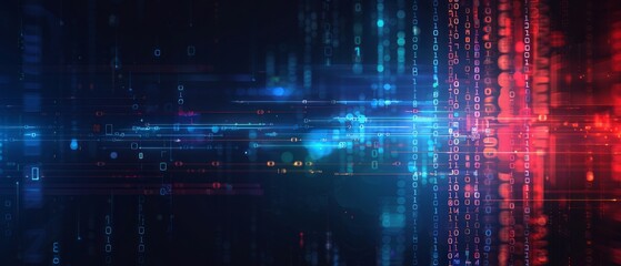 Wall Mural - dynamic abstract digital waveform displaying blue and red data streams in a dark background