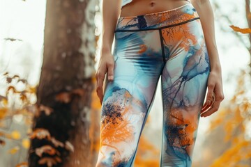 Poster - A woman wearing bright colored leggings stands in a forest setting, possibly hiking or exploring