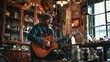 © Plaifah - A solo acoustic artist performing with a microphone and guitar, set against a rustic, intimate venue backdrop.
